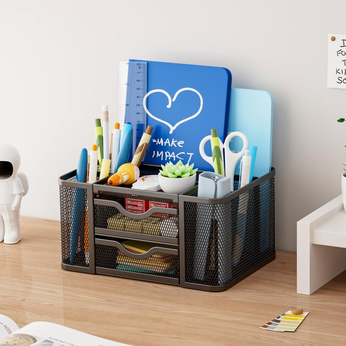 Multi Functional Mesh Desk Organizer with 2 Drawers, 5 Compartments, Black Penci4