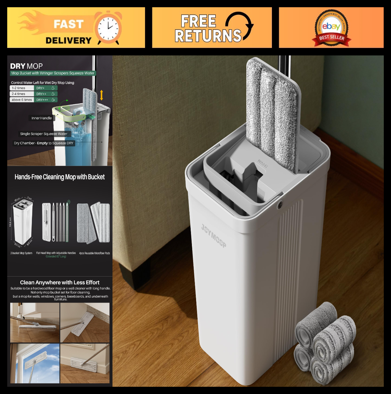 Flat Mop System with Bucket Set - Microfiber Mop for Hardwood & Wall Cleaning, 40