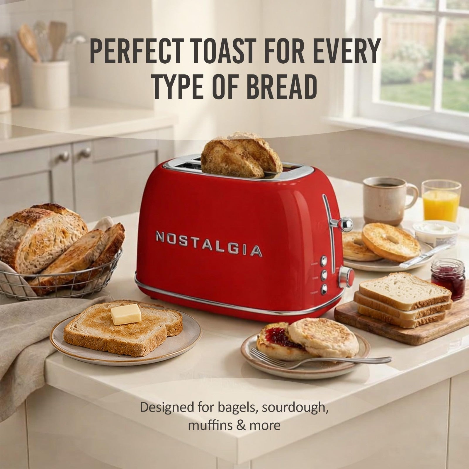 Vintage Retro 2 Slice Toaster   Enamel Steel, Wide Slots, 6 Toast Levels, Red3
