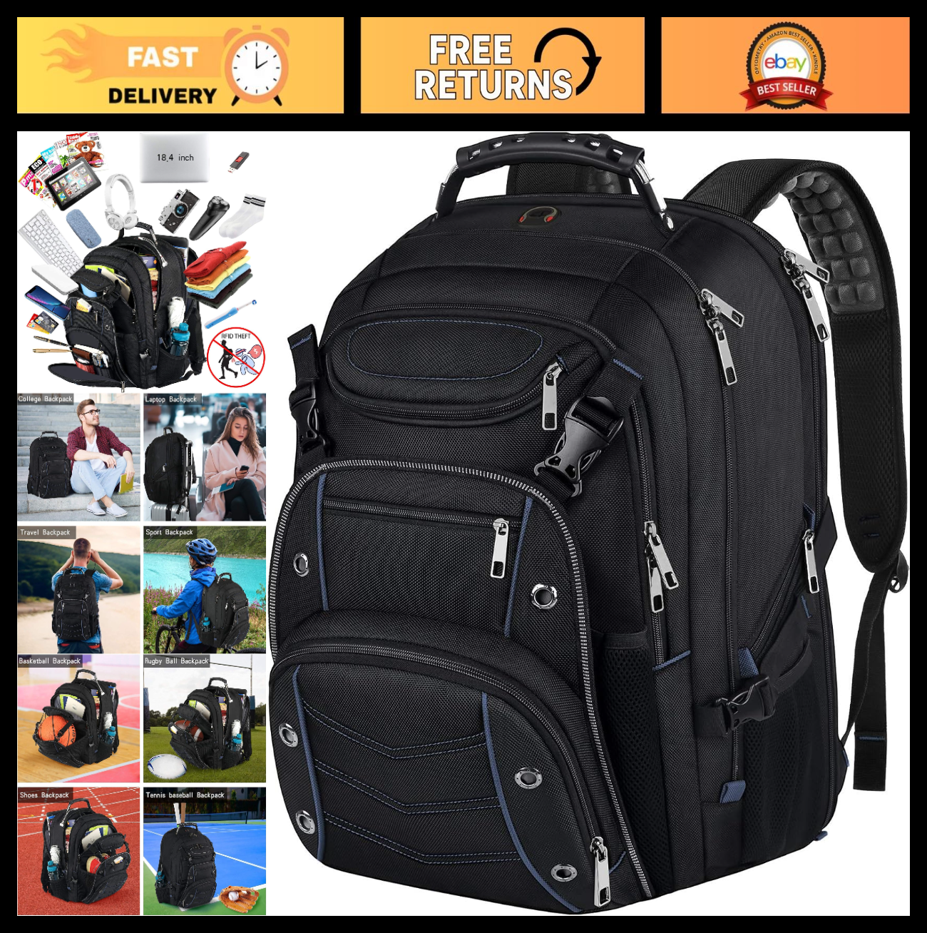 Extra Large 60L Laptop Backpack, TSA Approved, RFID Anti Theft, Fits 15.6 19" La0