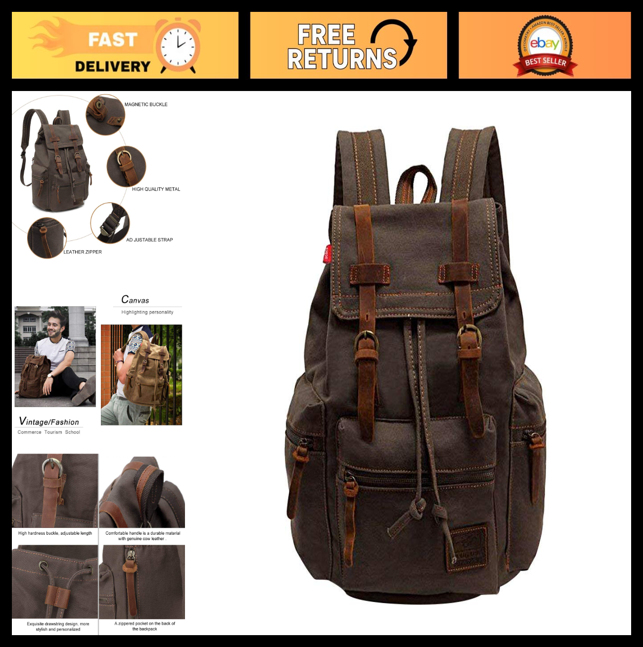 Vintage Canvas Backpack with Leather Trim, Padded Laptop Sleeve 12" 17", Travel0