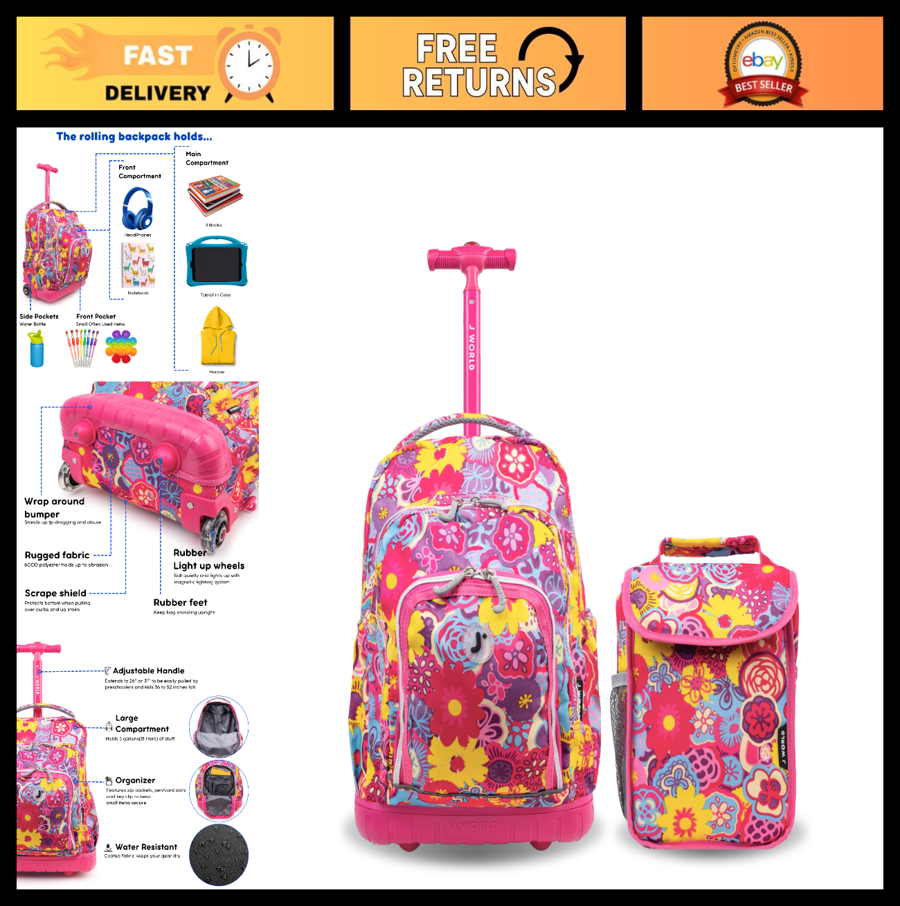 Kids Rolling Backpack & Lunch Bag Set, Carry On Suitcase with Wheels, School Tra0
