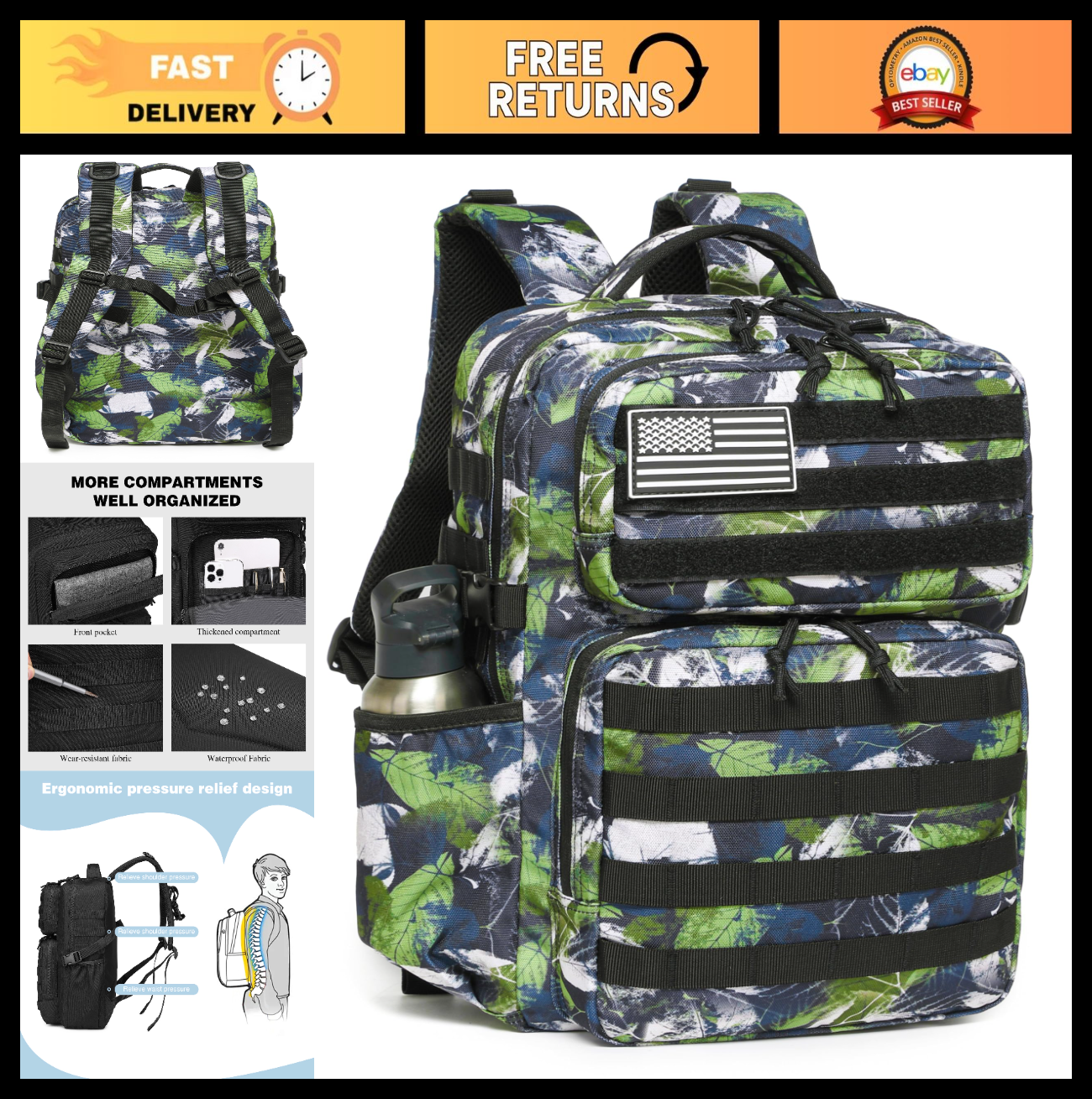 Waterproof Military Tactical Backpack   3 Day Assault Molle Daypack with Bottle0