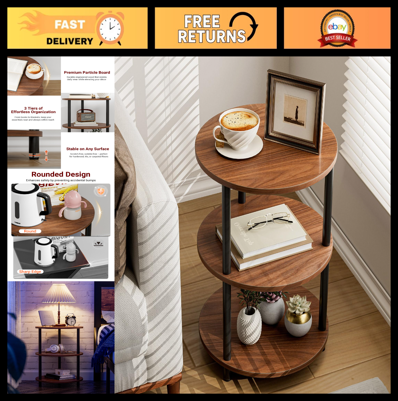 Round Coffee Table - Industrial Vintage Nightstand for Living Room, Bedroom & Sm0