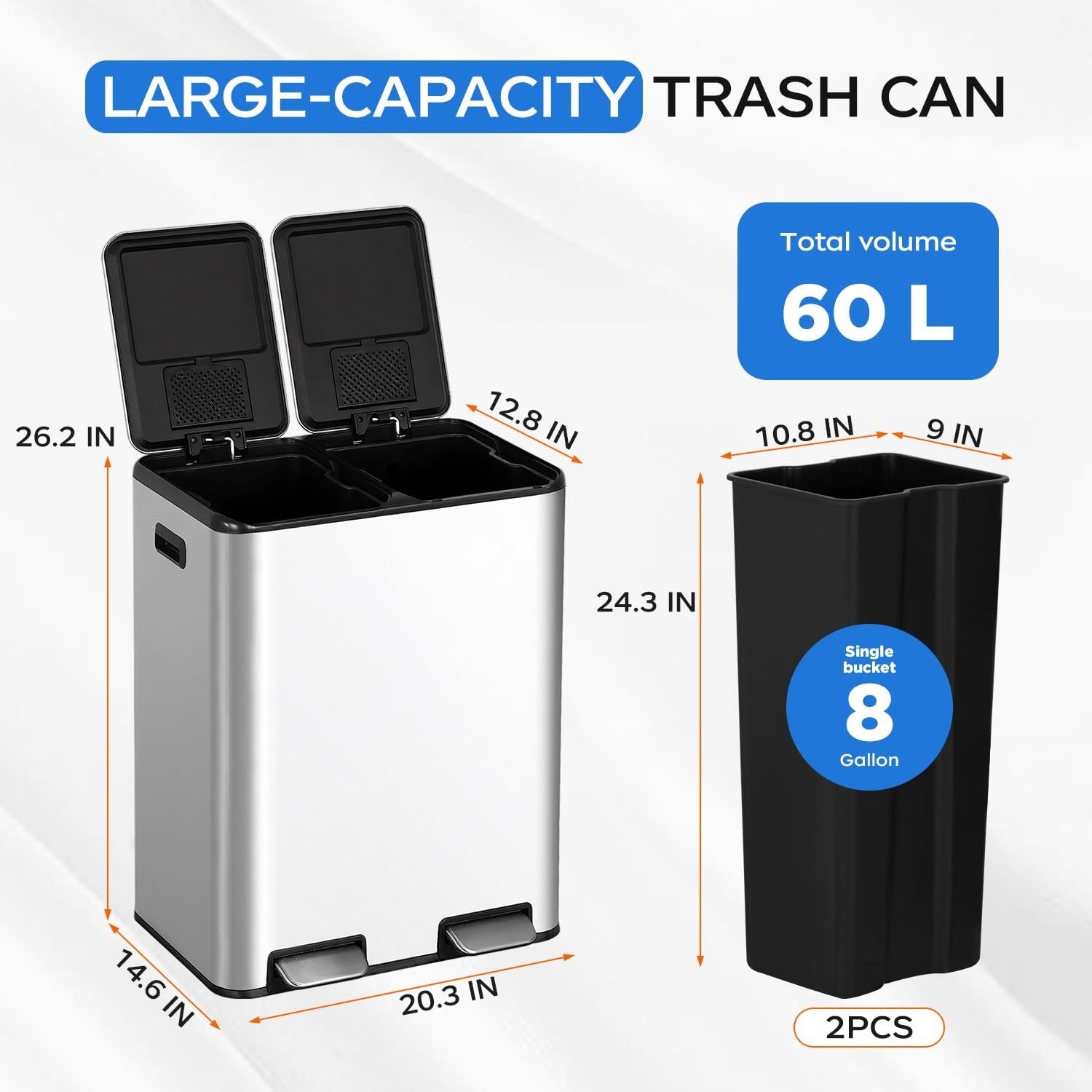 16 Gallon Stainless Steel Step Trash Can with Inner Buckets & Hinged Lids - Kitc6