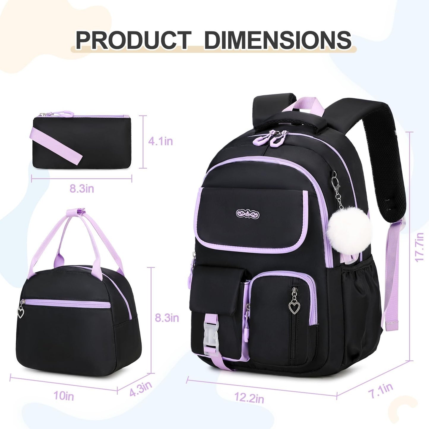 Girls' School Backpack Set 3PCS   Includes Lunch Box & Pencil Pouch, Stylish & D2