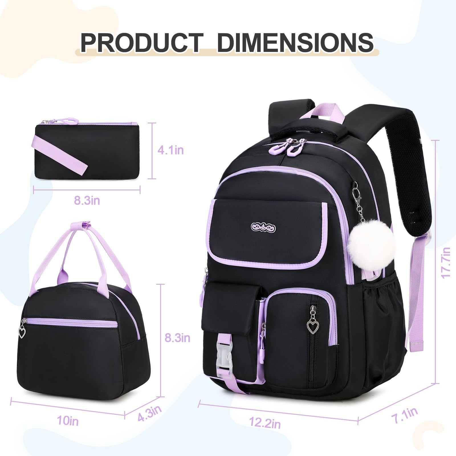 Girls' School Backpack Set 3PCS   Includes Lunch Box & Pencil Pouch, Stylish & D2