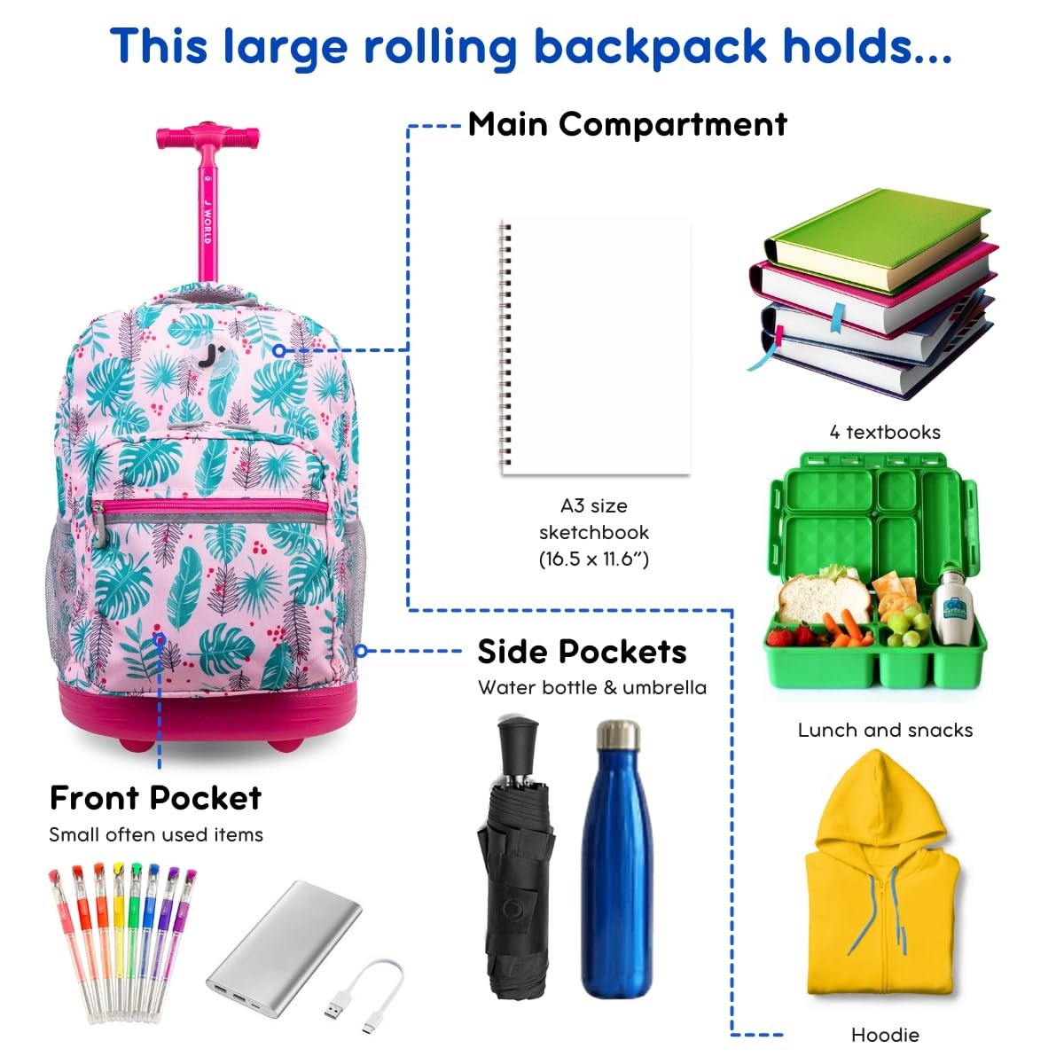 Rolling Backpack with Wheels, Palm Leaves Print, Lightweight Travel Bag, School3