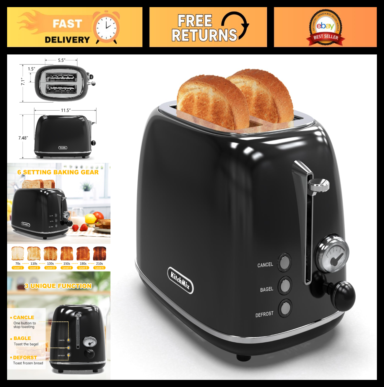 Retro Stainless Steel 2 Slice Toaster with 6 Settings, Extra Wide Slots, Bagel &0