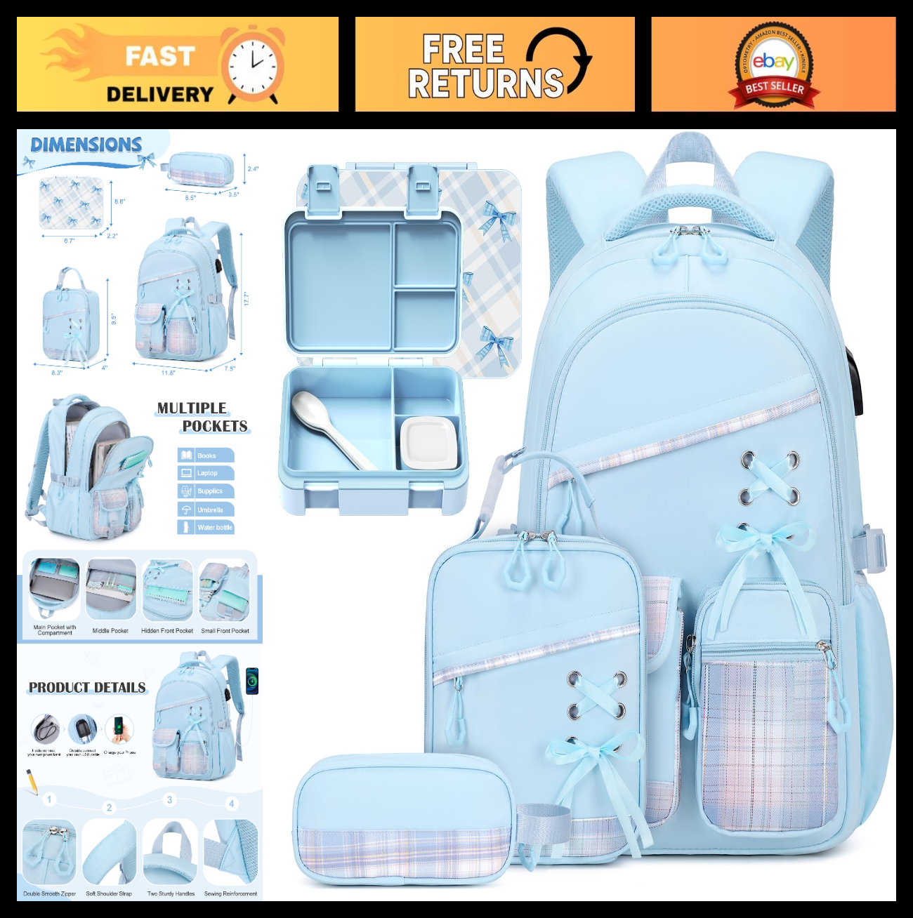 Girls Backpacks Set   6PCS Plaid School Bag with Bento Box, Lunch Bag & Pencil P0