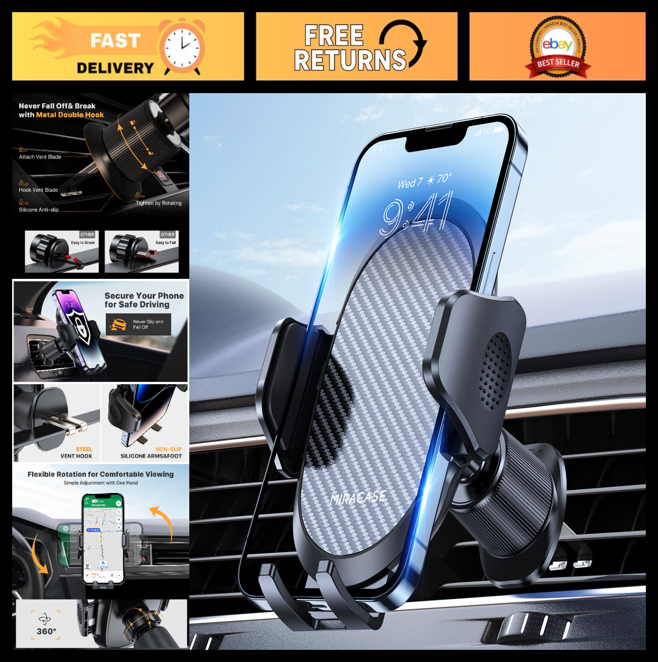 Universal Car Phone Holder with Metal Hook Clip, Air Vent Mount for iPhone & And0