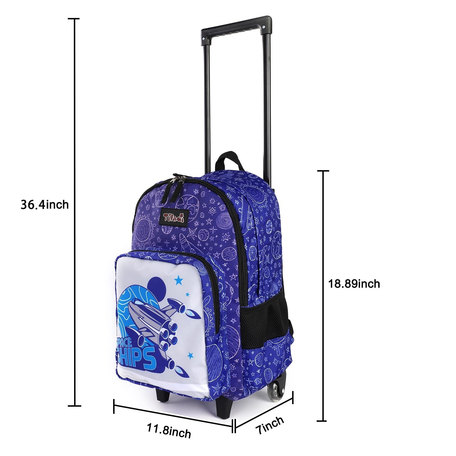Wheeled Kids Backpack 18" with Lunch Bag, Double Handle, Spaceship Design2