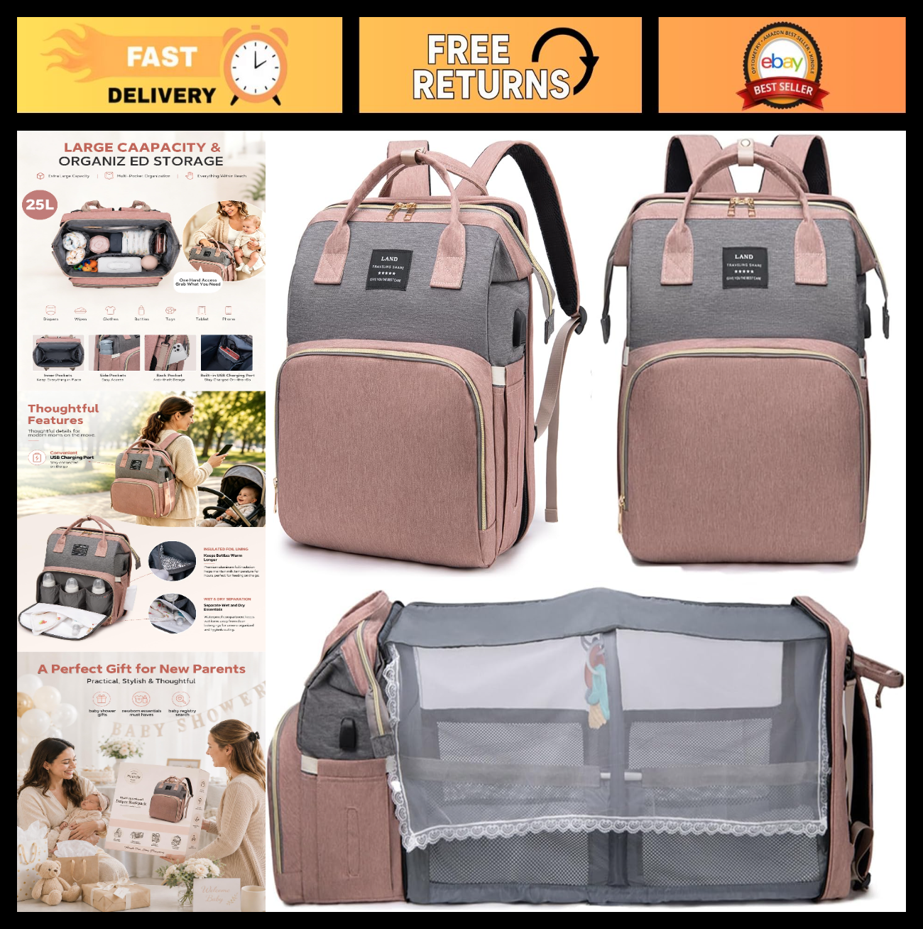 Large Capacity Diaper Bag Backpack with Changing Station, 25L, Waterproof & Styl0