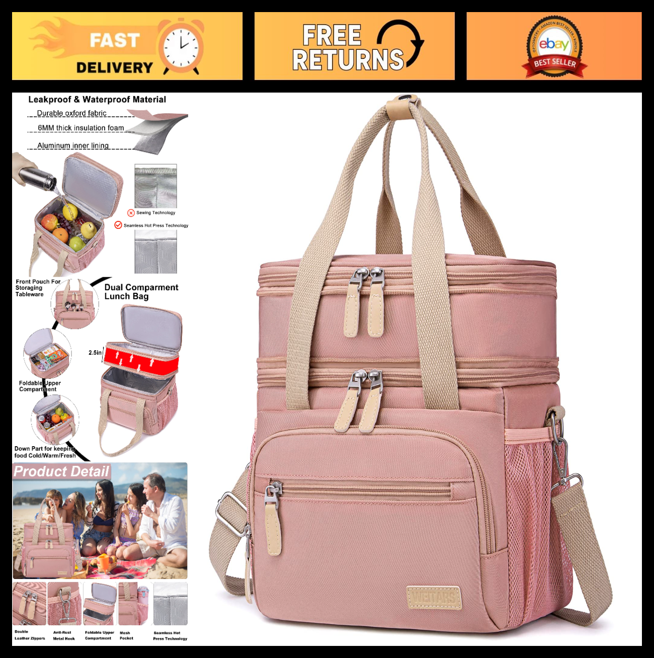 Insulated Lunch Bag for Women - Large Dual Compartment, Leakproof, Perfect for W0