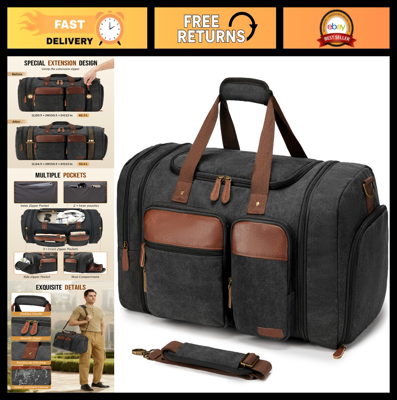 Expandable 50L Canvas Duffle Bag for Travel   Dark Grey, Lightweight & Durable0