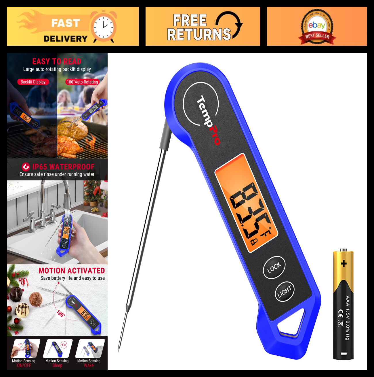 Instant Read Digital Meat Thermometer   1 Sec Motion Sensing BBQ Cooking Tool, P0