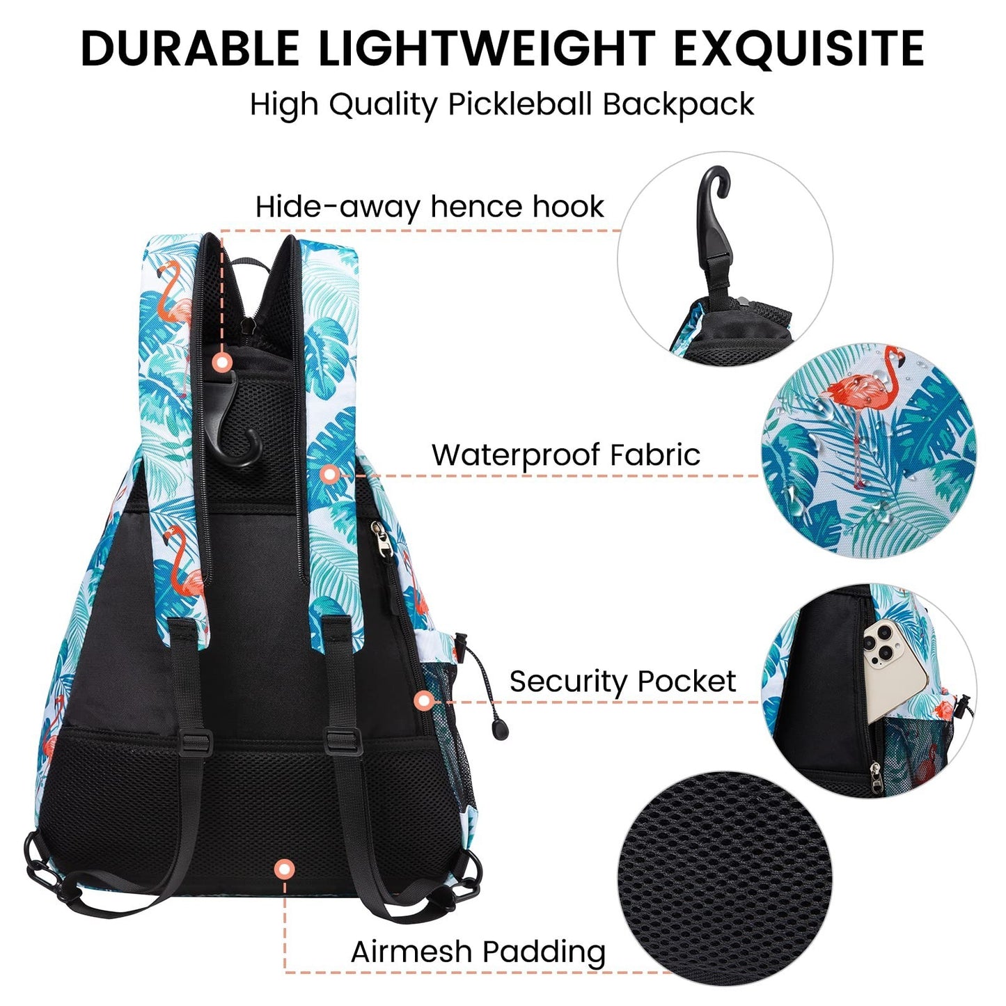 Adjustable Pickleball Backpack with Fence Hook, Large Capacity & Safety Pocket3