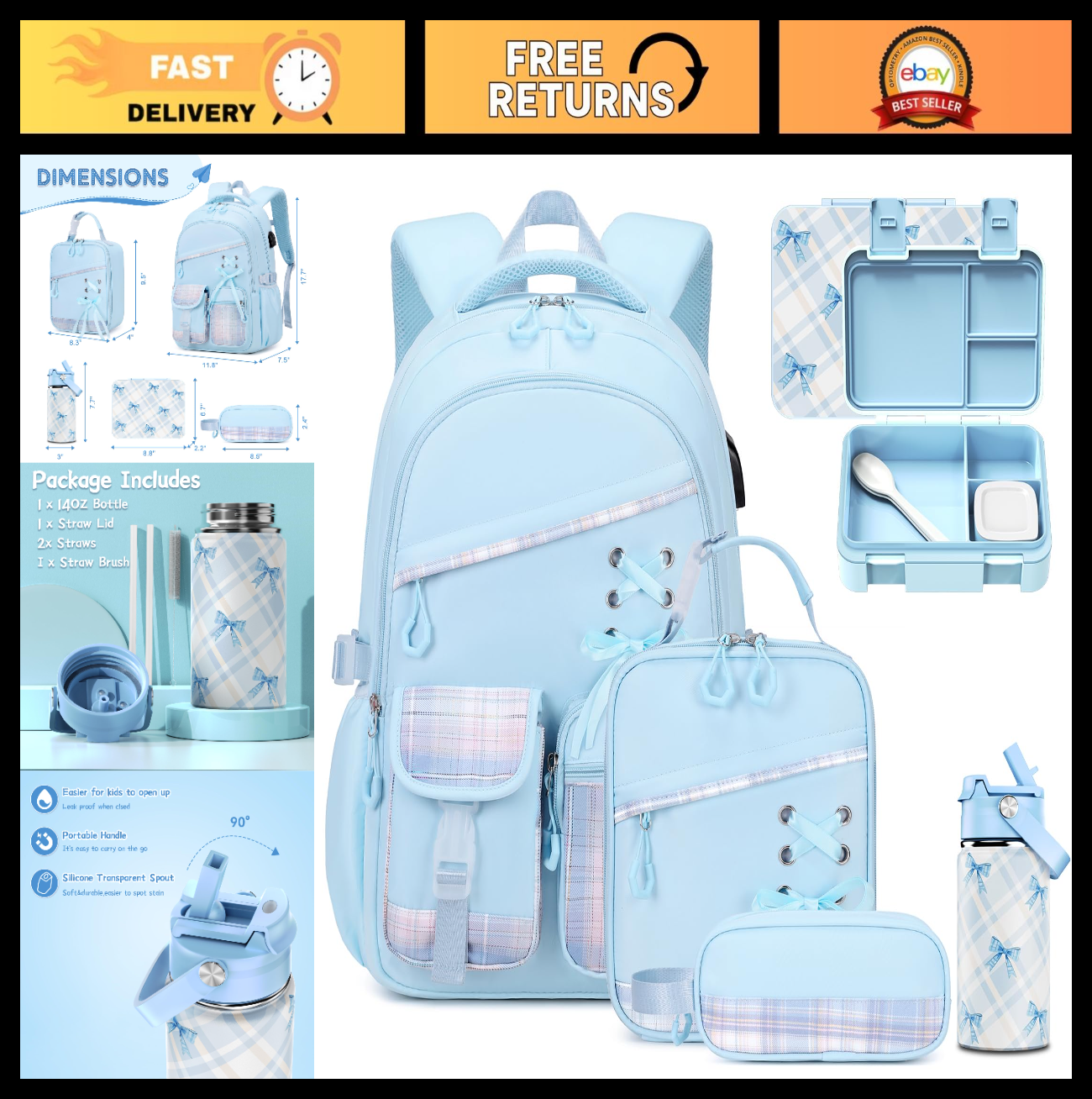 Girls Backpack Set, 9PCS with Lunch Bag, Pencil Case, Bento Box & Water Bottle,0
