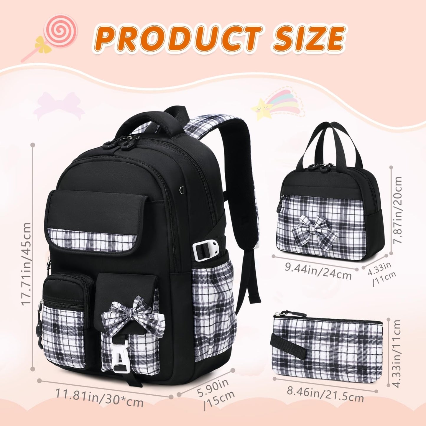 Stylish 3PCS School Backpack Set for Girls   17" Bow Plaid Bookbag, Durable & Tr2