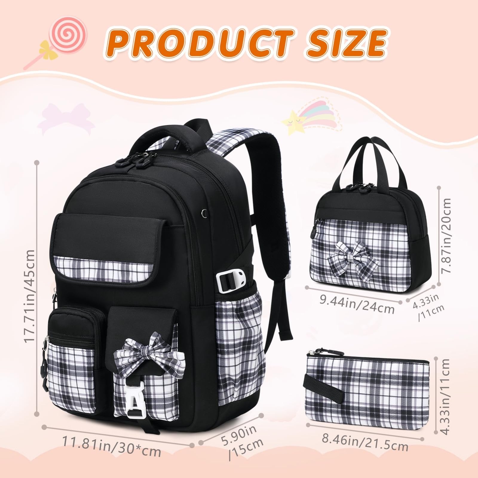 Stylish 3PCS School Backpack Set for Girls   17" Bow Plaid Bookbag, Durable & Tr2