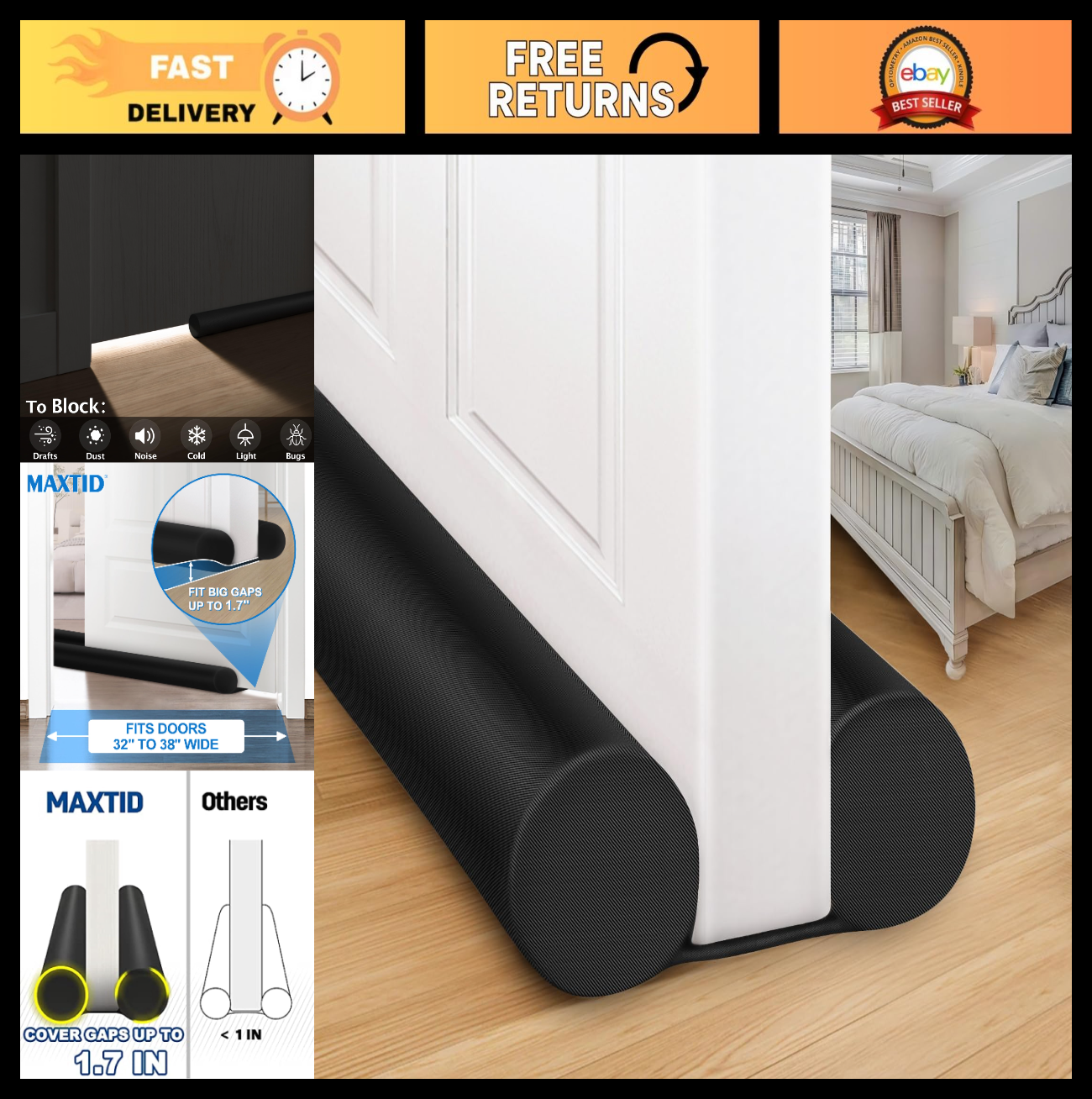 Large Twin Door Draft Blocker Seal 38"   Under Door Gap Filler, Noise Stopper0