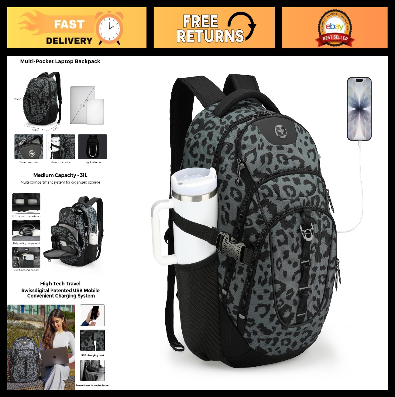 Stylish Gray Leopard Laptop Backpack with USB Charging Port & Water Resistant De0