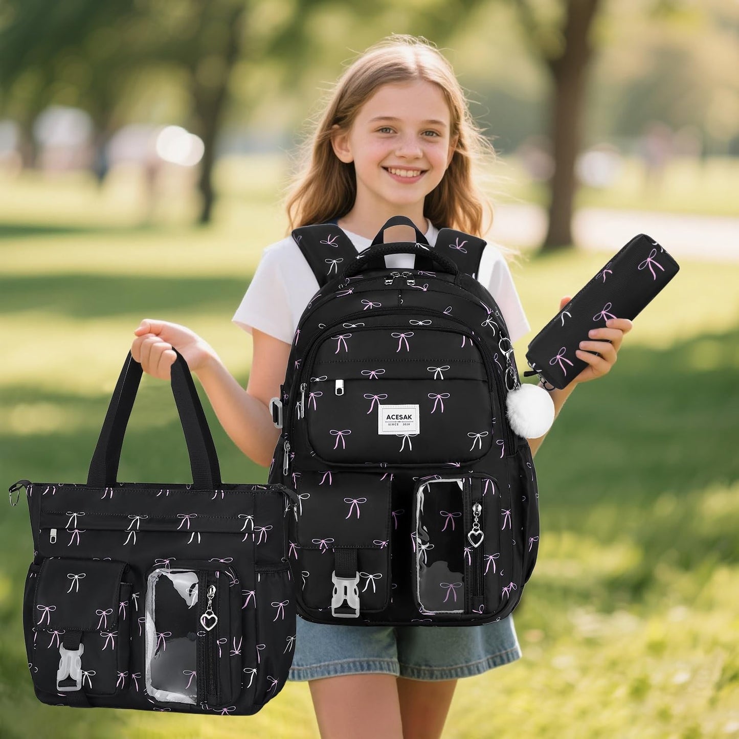 Stylish Girls Backpack Set with Tote, Crossbody Bag, Lunch Bag & Pencil Pouch  2