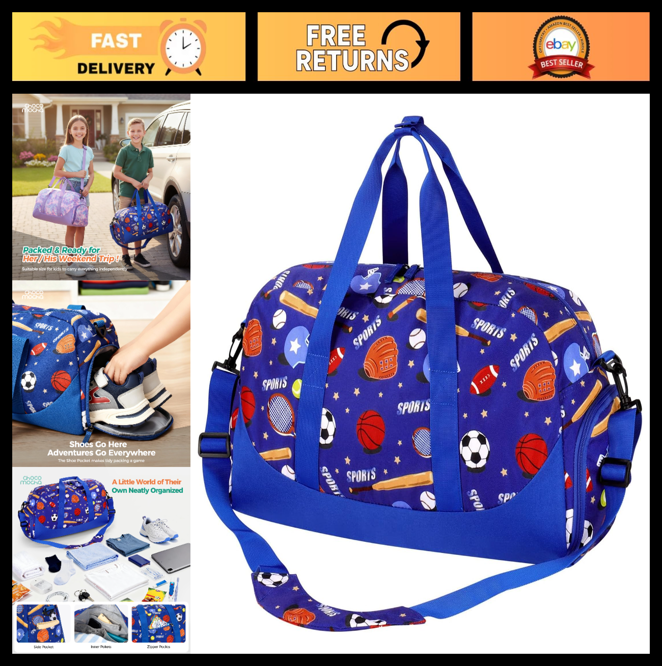 Kids Basketball Duffle Bag - Large Overnight Travel Bag with Shoe Compartment, B0