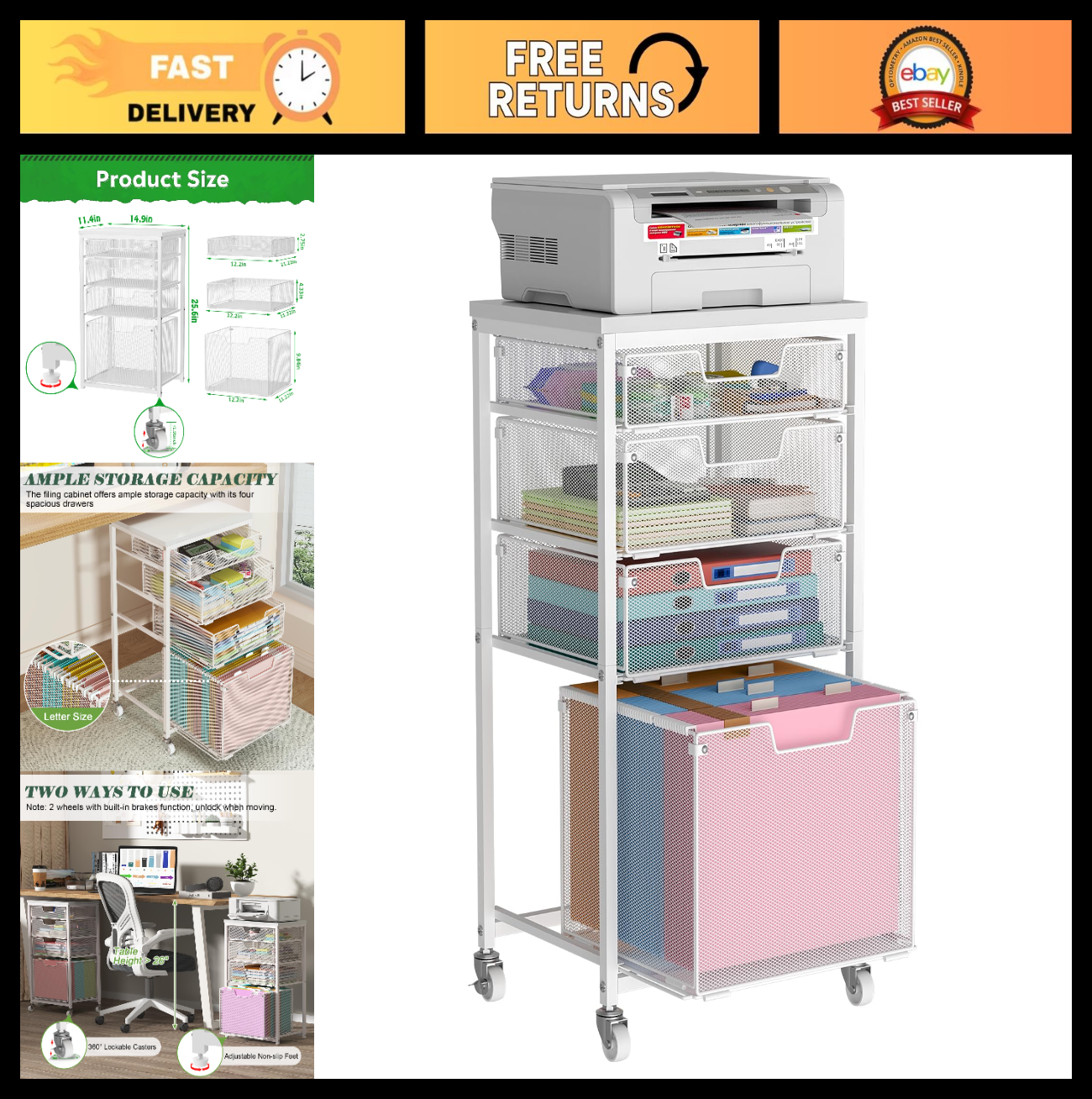 4 Drawer Mobile File Cart with Wheels, Under Desk Storage, Multifunctional Organ0