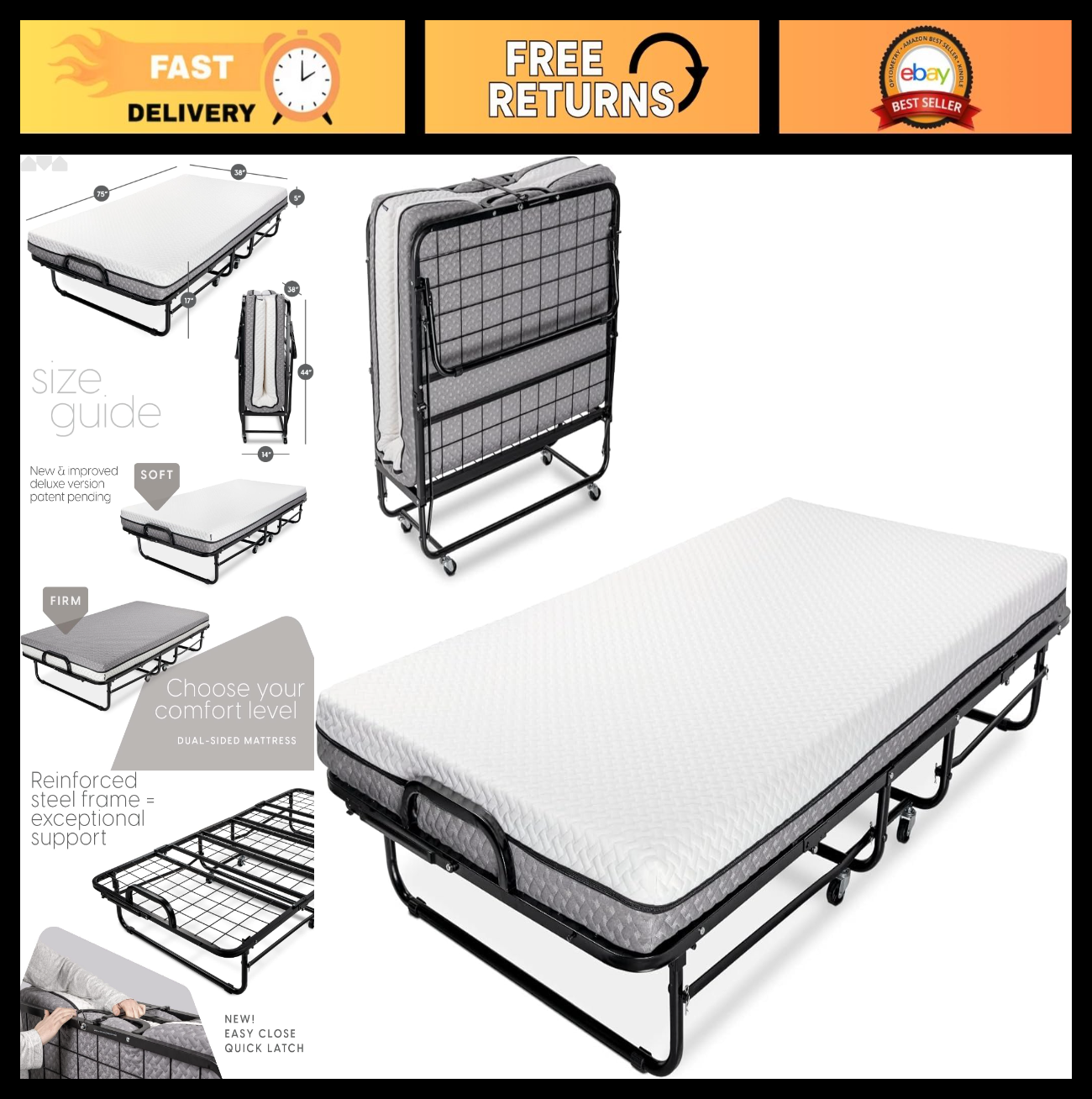 Deluxe Twin Folding Bed with Memory Foam Mattress   Portable, Rollaway, Space Sa0
