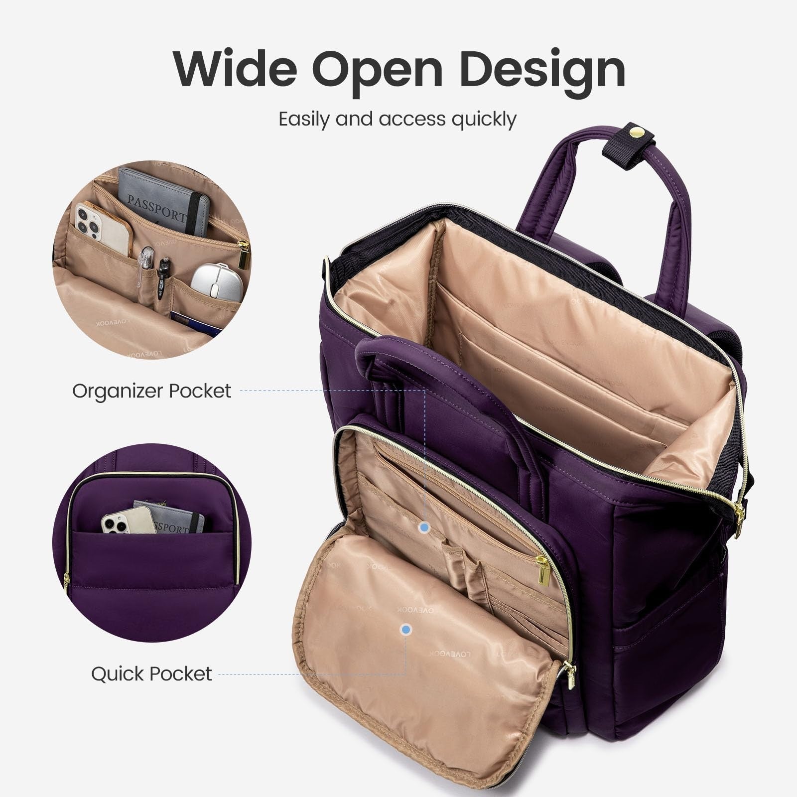 Lightweight 15.6" Laptop Backpack for Women, Quilted Travel Bag, Dark Purple3