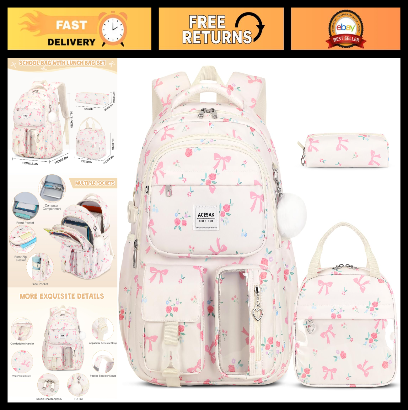 Stylish Floral Backpack Set for Girls   Includes Lunch Bag & Pencil Pouch, Ideal0