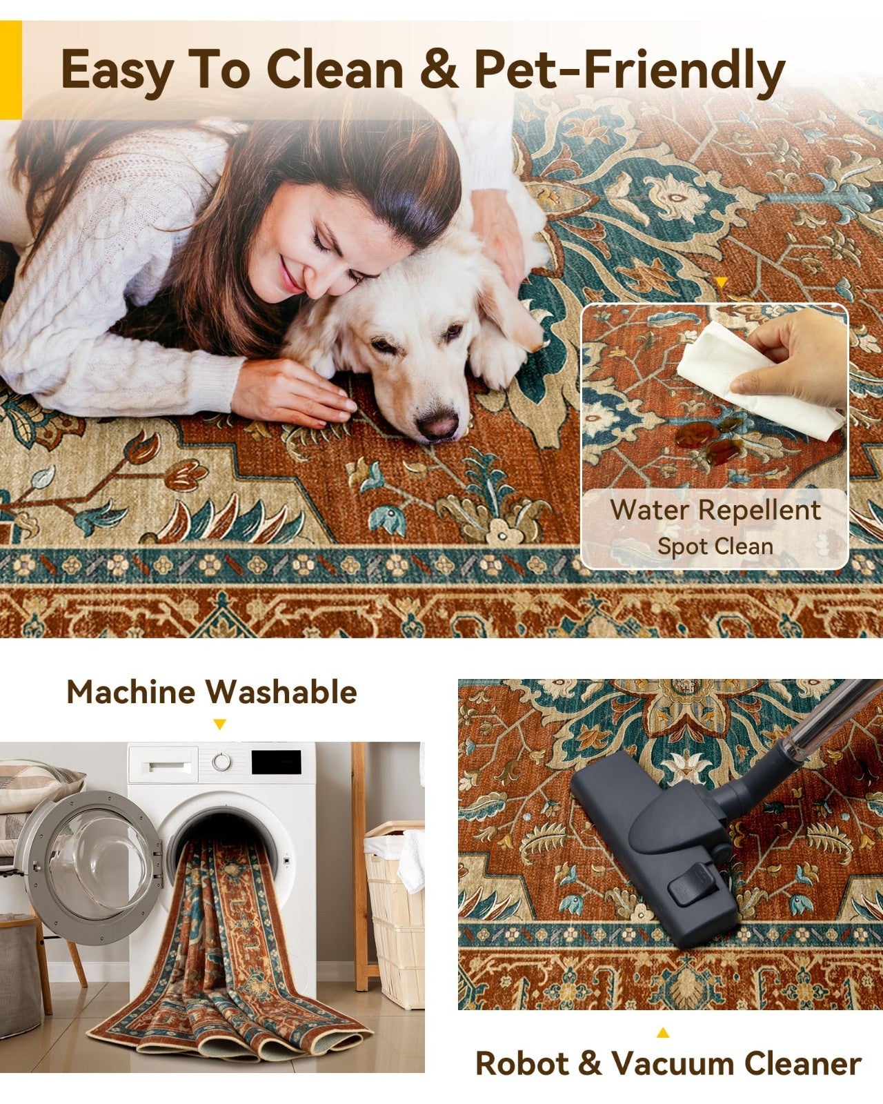 Washable 8'x10' Area Rug   Non Slip, Water Repellent, Pet Friendly, Vintage Flor4