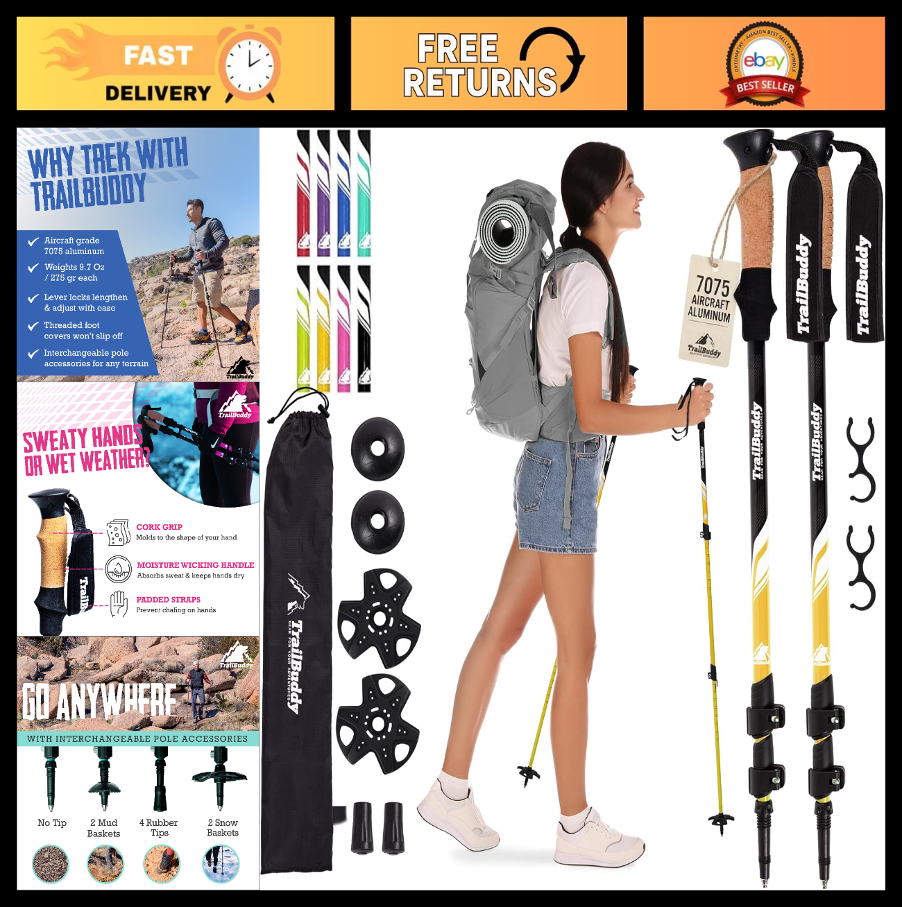 Lightweight Aluminum Trekking Poles - Collapsible Hiking Sticks for Travel & Bal0