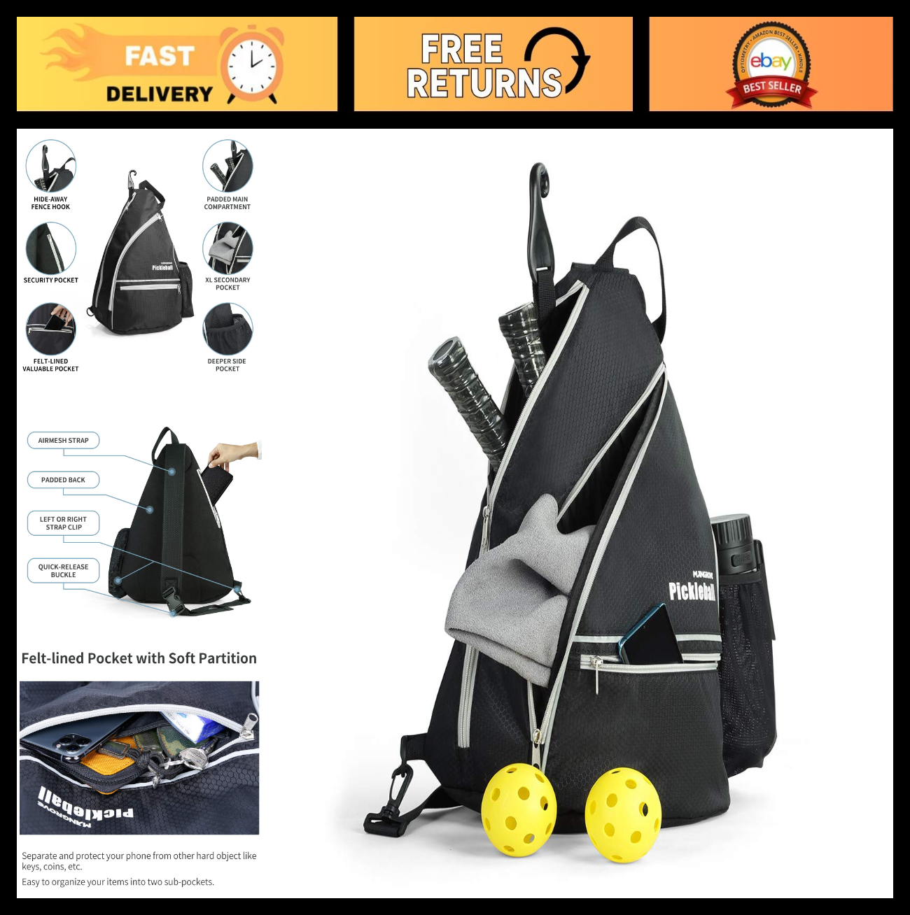 Large Capacity Pickleball Backpack with Fence Hook, Water-Resistant, Padded Back14