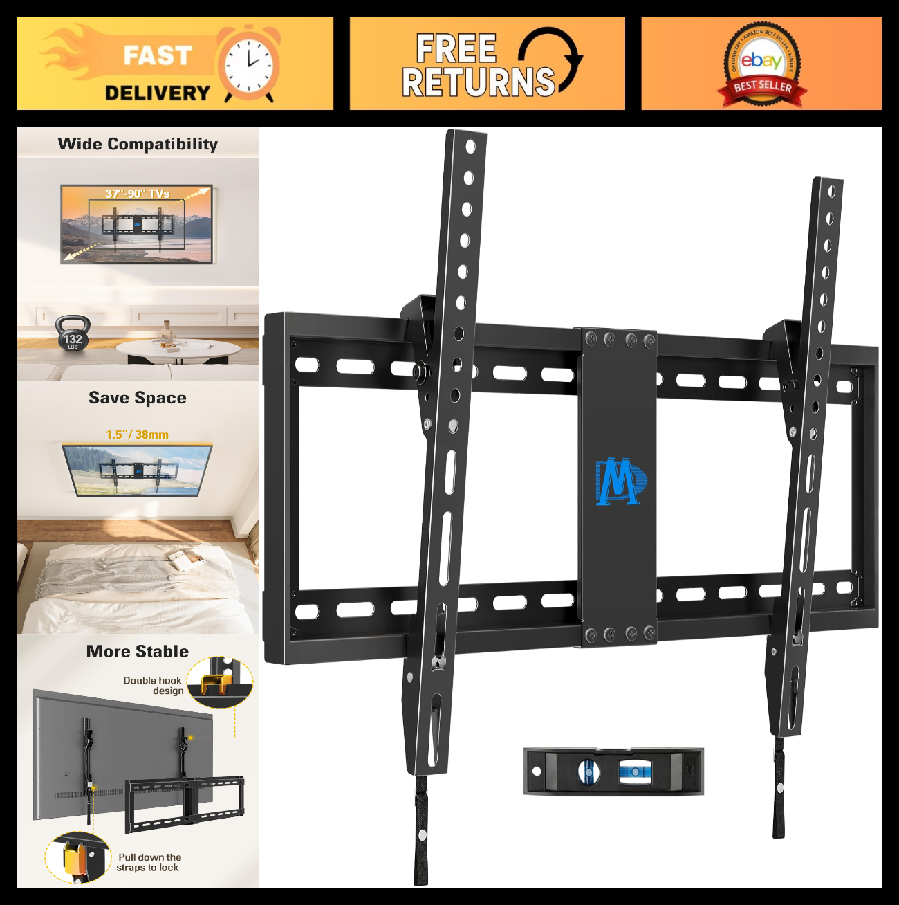 Universal Tilt TV Wall Mount for 37 90 Inch TVs, Low Profile, 132lbs Capacity, V0