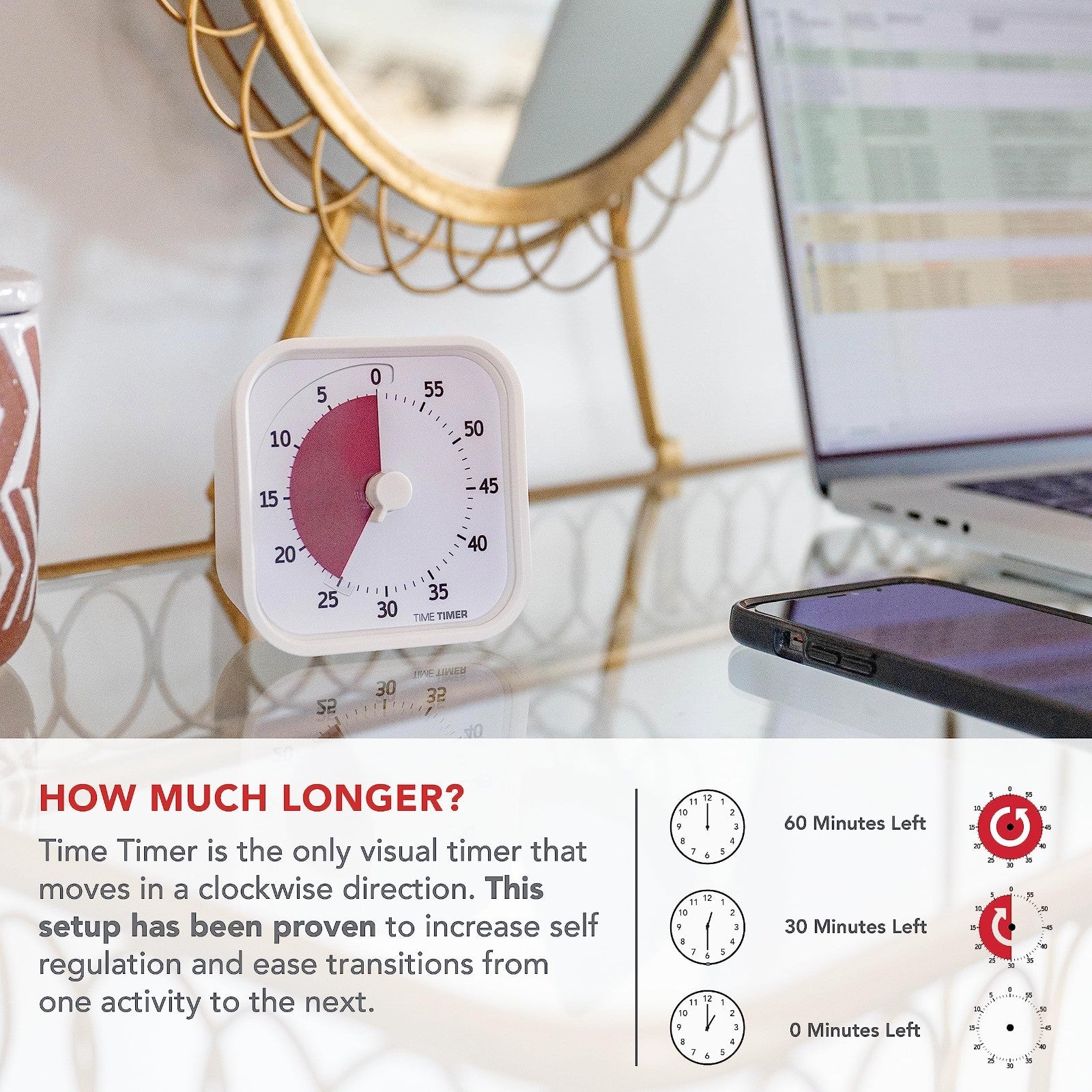 60 Minute Visual Timer for Kids & Home   Silent Operation Study Tool, Office Des3
