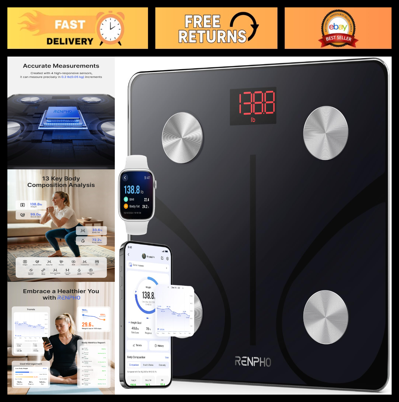 Smart Bluetooth Body Weight Scale   13 Metrics, BMI, Body Fat, 400lbs Capacity,0