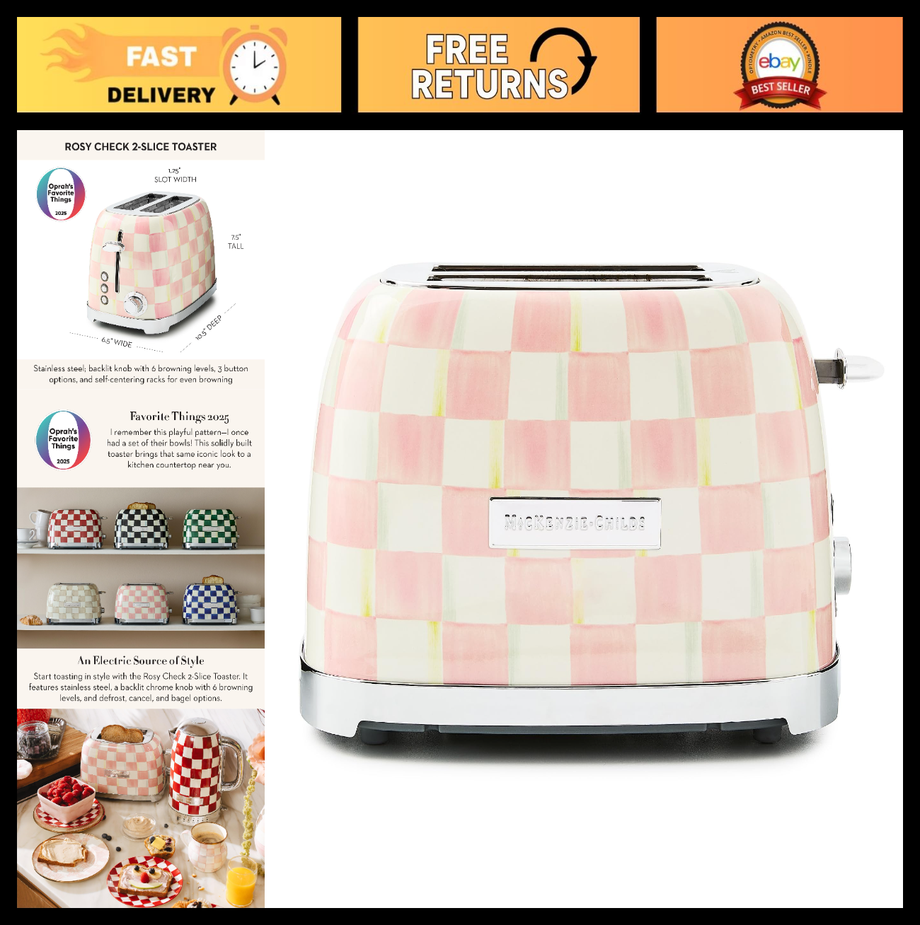 Decorative 2-Slice Toaster for Kitchen, Pink-and-White Rosy Check Design0