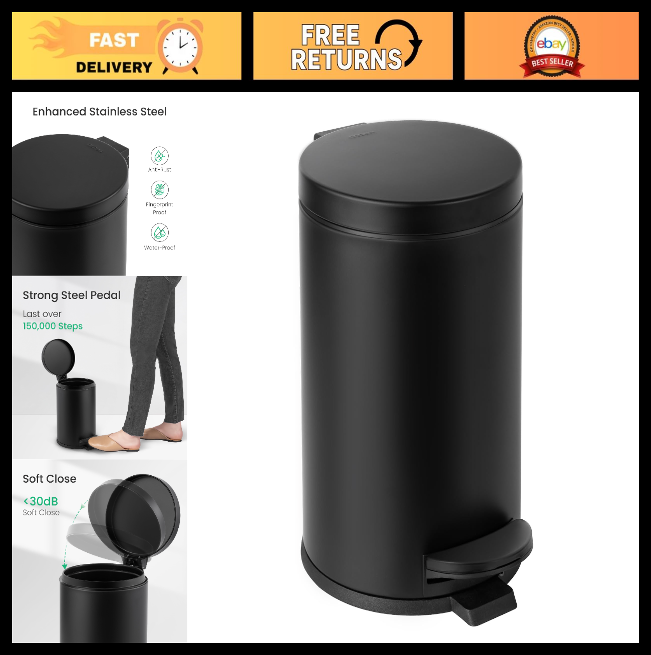 Small Round Bathroom Trash Can with Lid   1.2 Gal, Soft Close, Stainless Steel,0