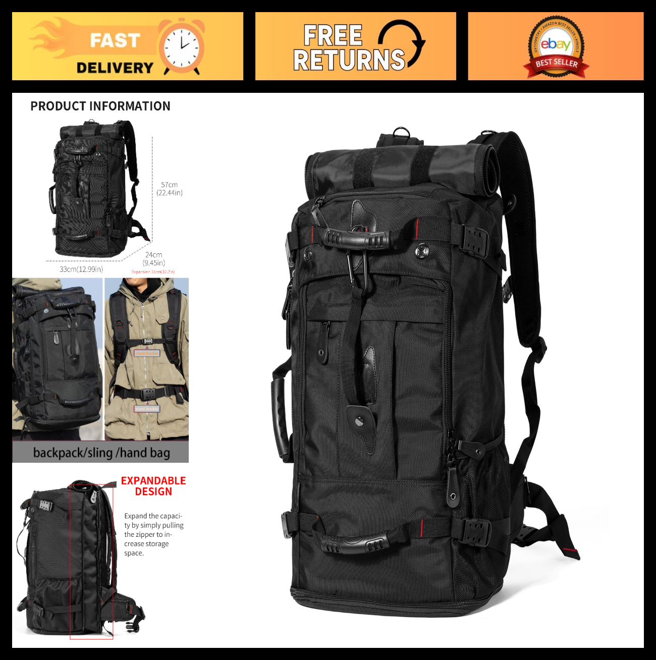 Large Capacity Travel Hiking Sports Backpack Duffle Bag 60L Convertible Laptop B0