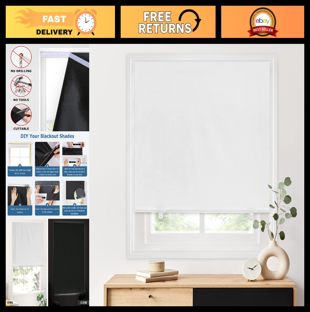100% Blackout Roller Shades 36"x72" White | Cordless No Drill Thermal Insulation0