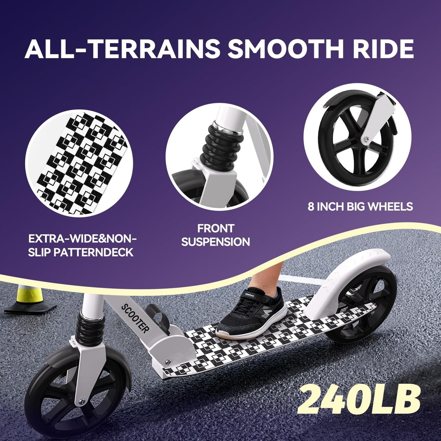 Kick Scooter for Kids & Adults, Adjustable Height, Foldable, 240 LBS Max Load, 82