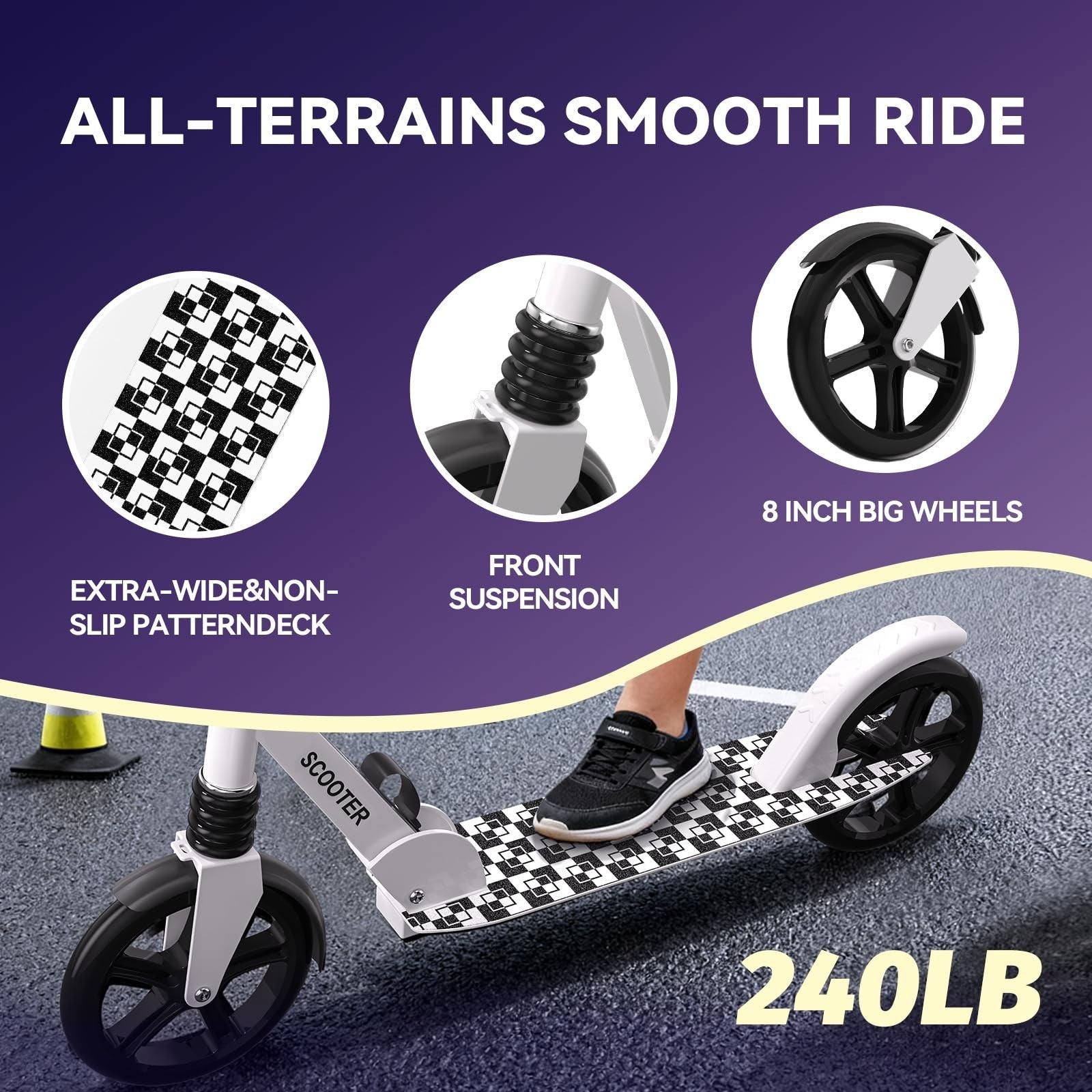 Kick Scooter for Kids & Adults, Adjustable Height, Foldable, 240 LBS Max Load, 82