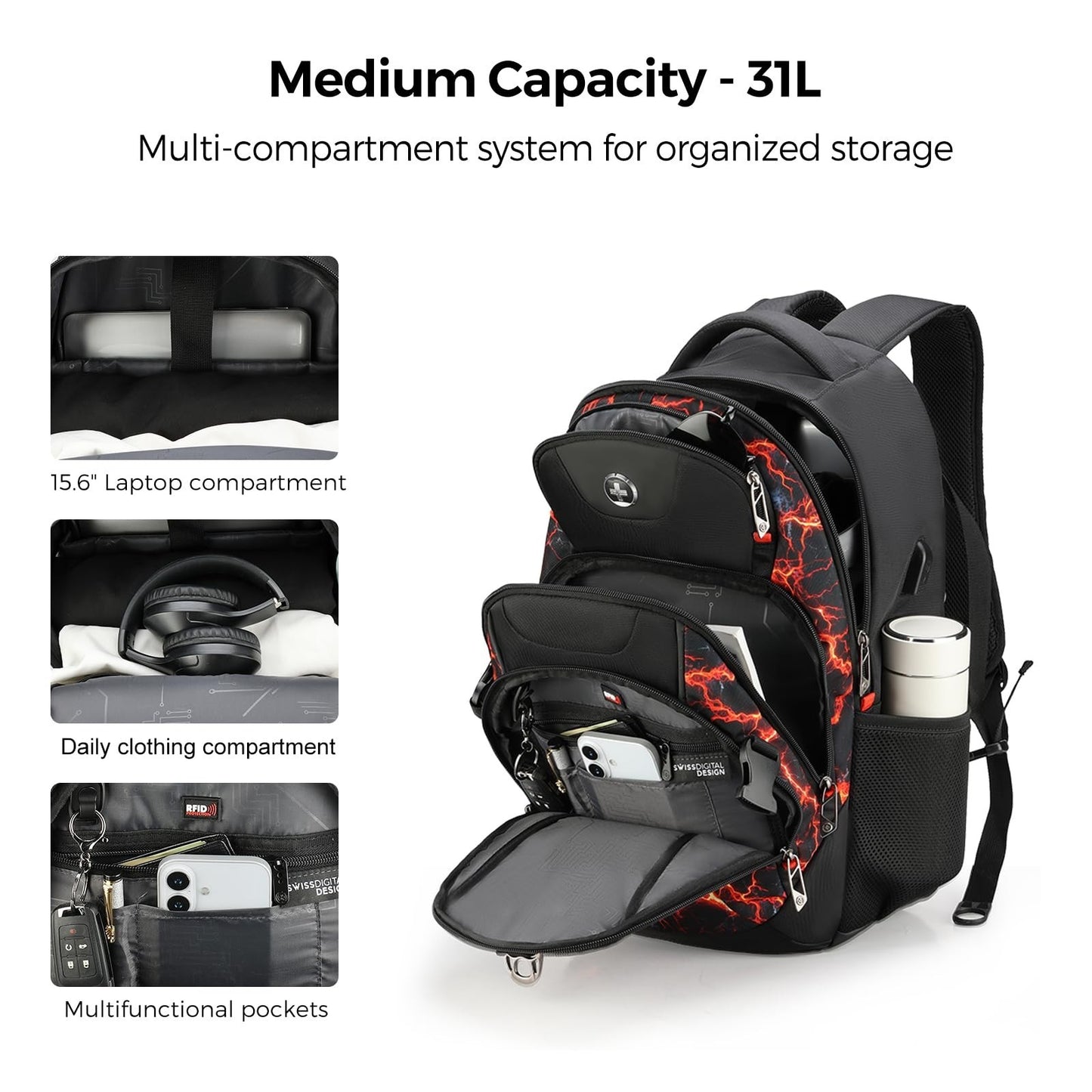 Travel Laptop Backpack with USB Charging Port, Fits 15.6" Computer, 31L, Flame R5
