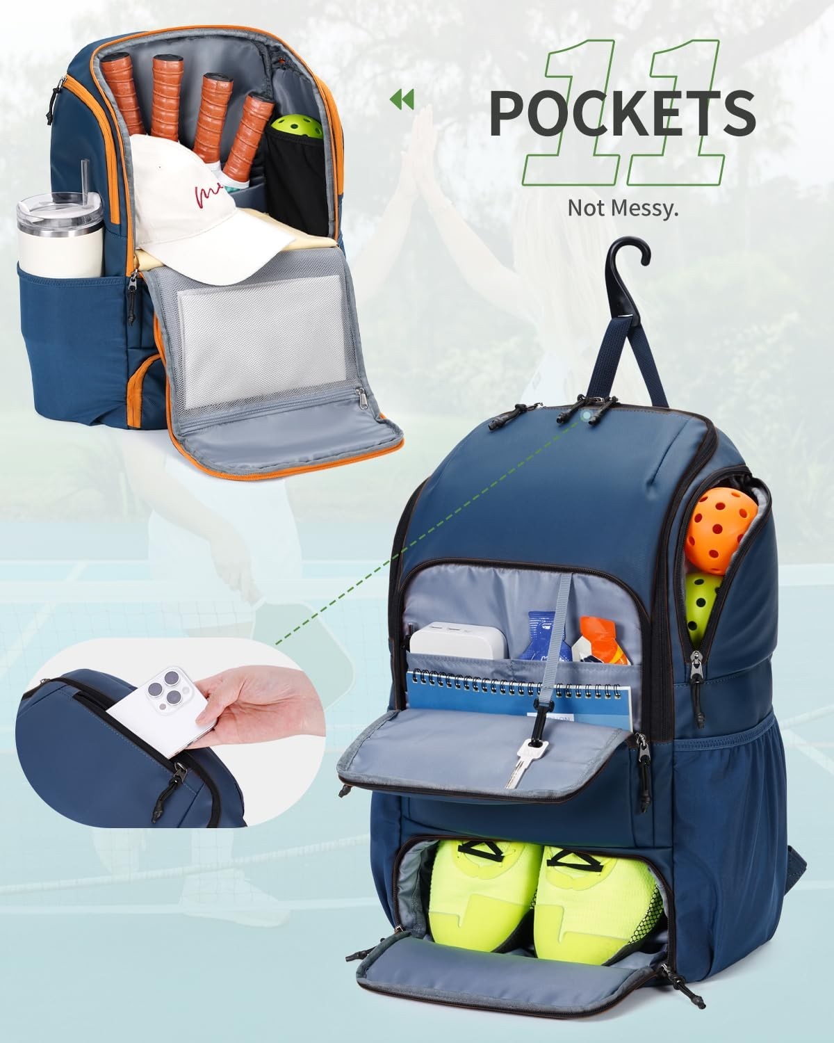 Waterproof Pickleball Bag with Shoe Compartment & Fence Hook | 30L, 2 Pockets, A3