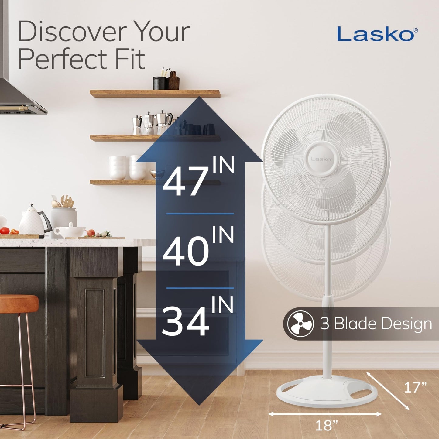 Adjustable 47" Oscillating Pedestal Fan   16" Blade, 3 Quiet Speeds, Cooling for4