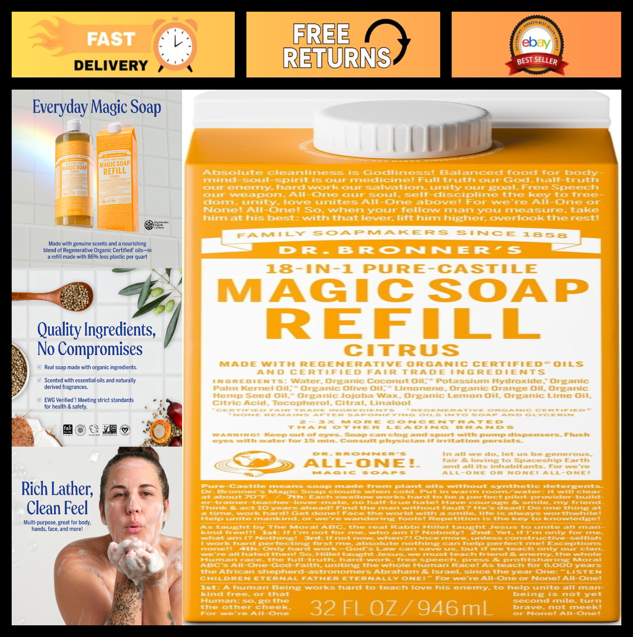 Pure Castile Liquid Soap Refill - Citrus Scent, 32oz - Vegan, Non-GMO, Multi-Use0