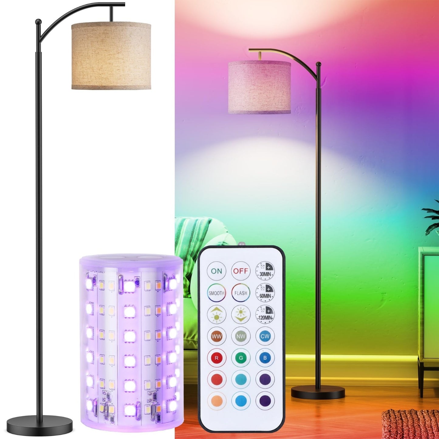 Dimmable RGB Battery Operated Floor Lamp with Remote Control   Cordless Tall Lam1