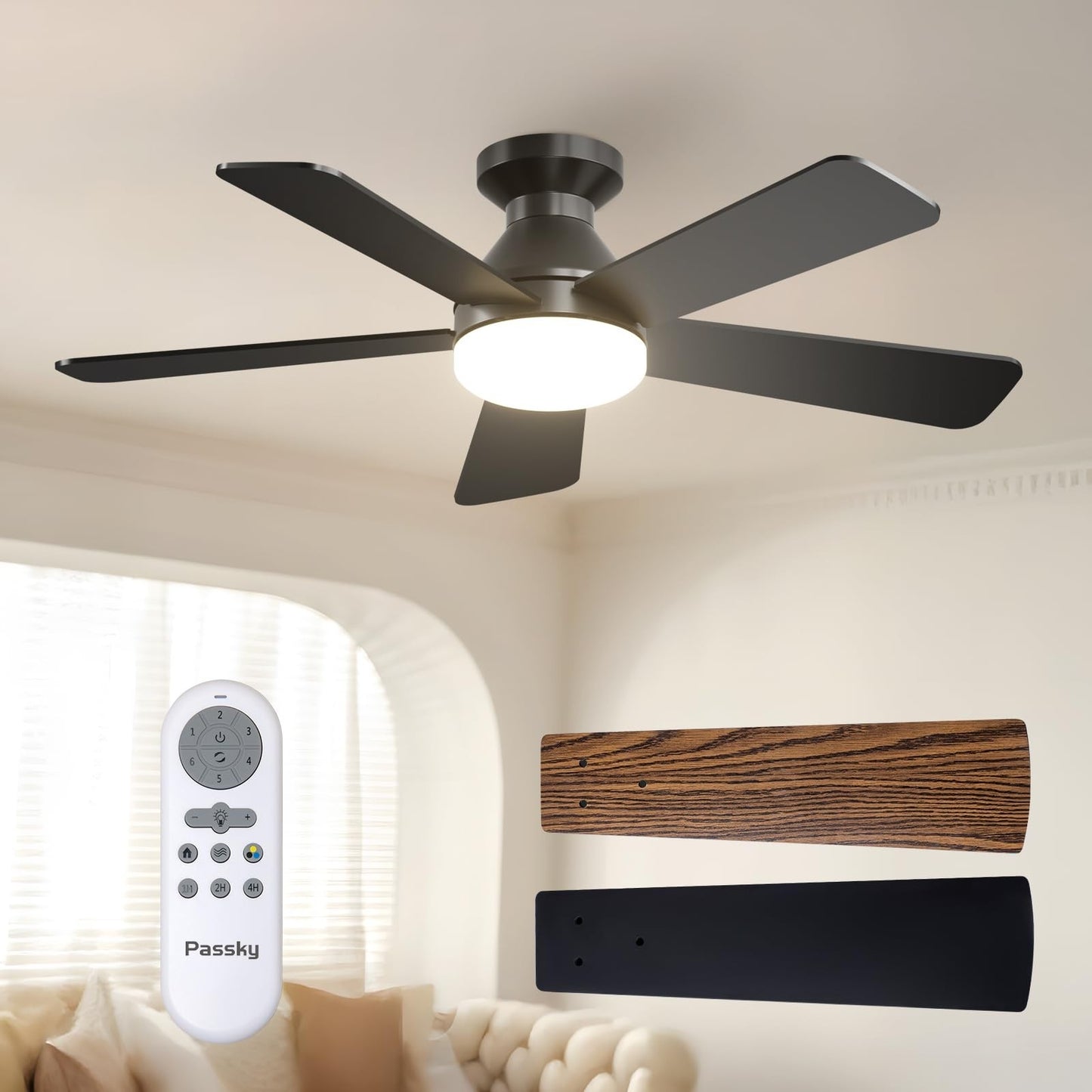 42" Black Low Profile Ceiling Fan with Lights & Remote | Dimmable, Quiet DC Moto1